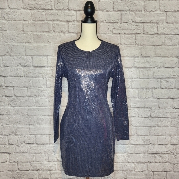 H&M Divided blue silver shimmer bodycon open back long sleeve mini dress sz L - Picture 2 of 12